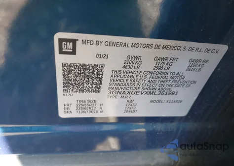 2021 Chevrolet Equinox Awd Lt из США, поврежденный, VIN 3GNAXUEVXML361991